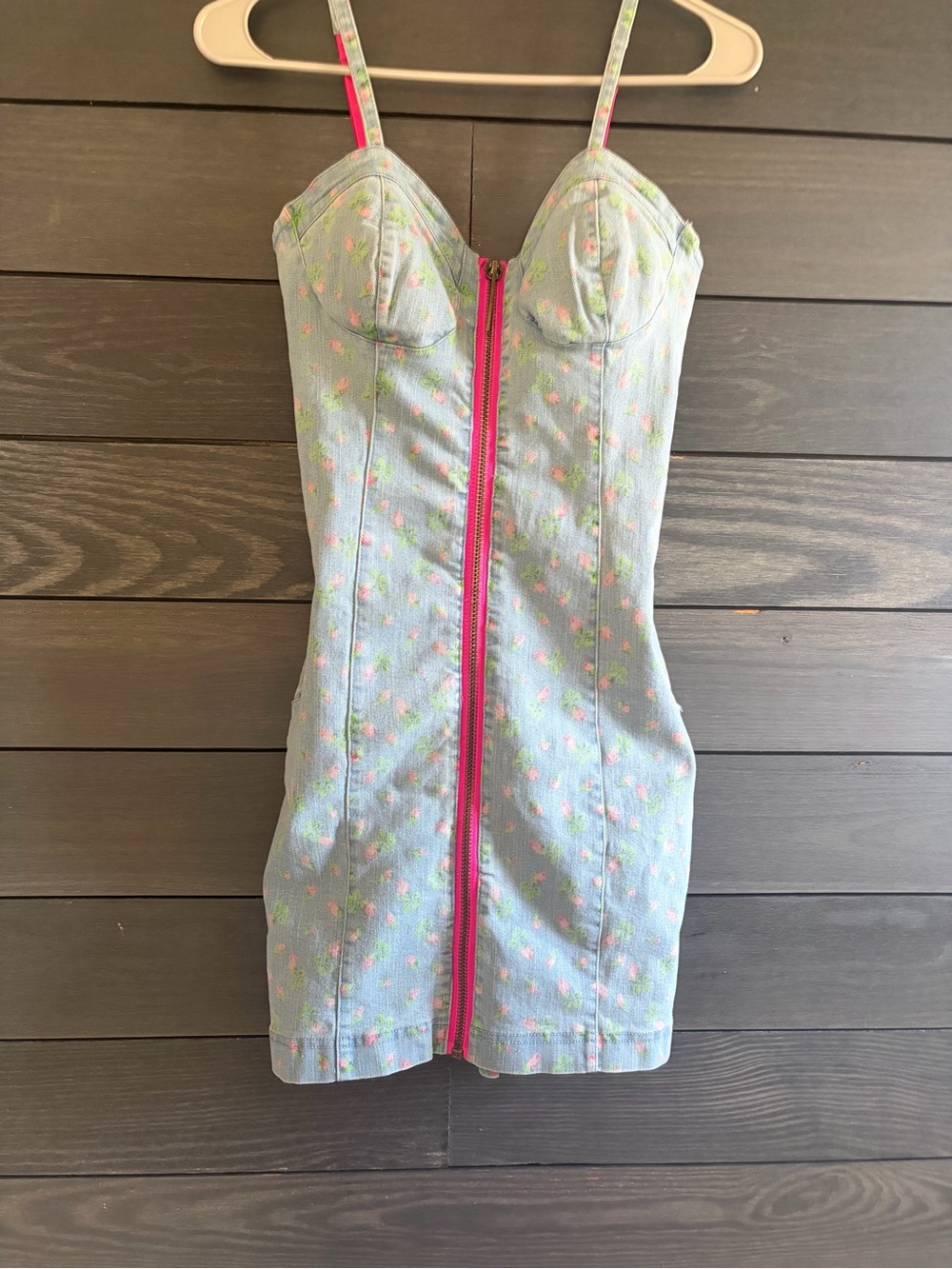Betsey Johnson Light Blue Floral Zip-Front Mini Dress with Pink Accents